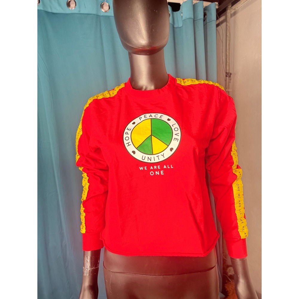Mighty Fine‎ Red Peace Love Unity S Crewneck Long Sleeve Crop Top Women S